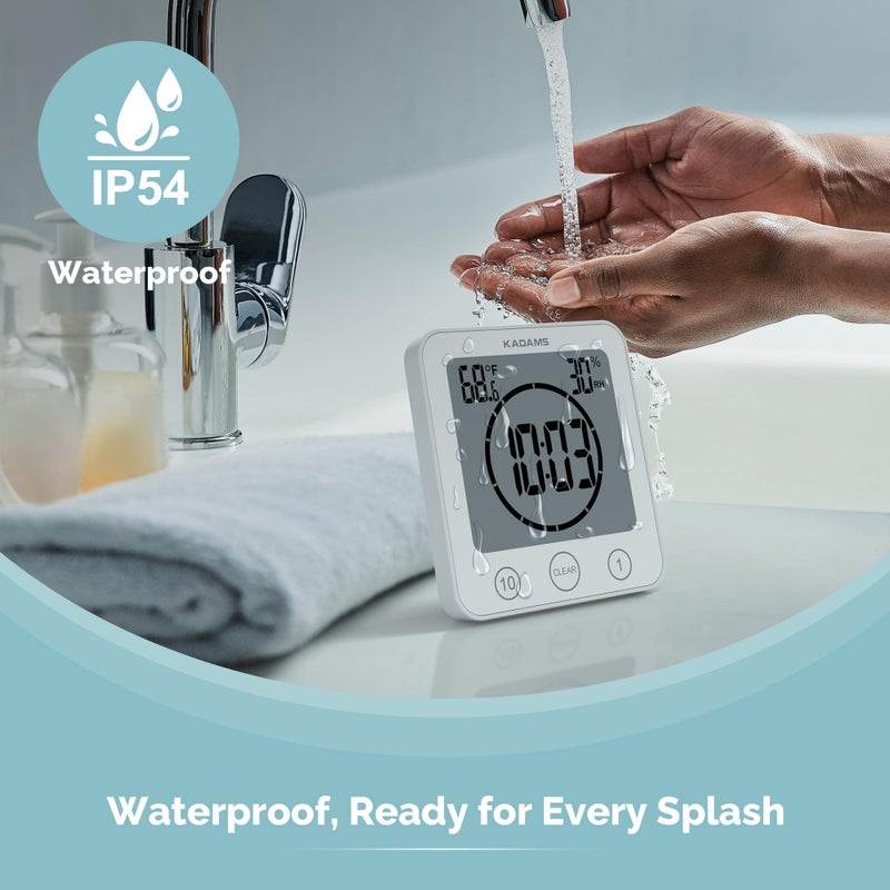KADAMS Shower Clock Waterproof Bathroom Timer â€“ Digital Wall Clock with Countdown, Magnetic Kitchen Clock with Temperature & Humidity, Suction Cup for Kids Shower Spa Sauna Cook Bath, White - Image 2